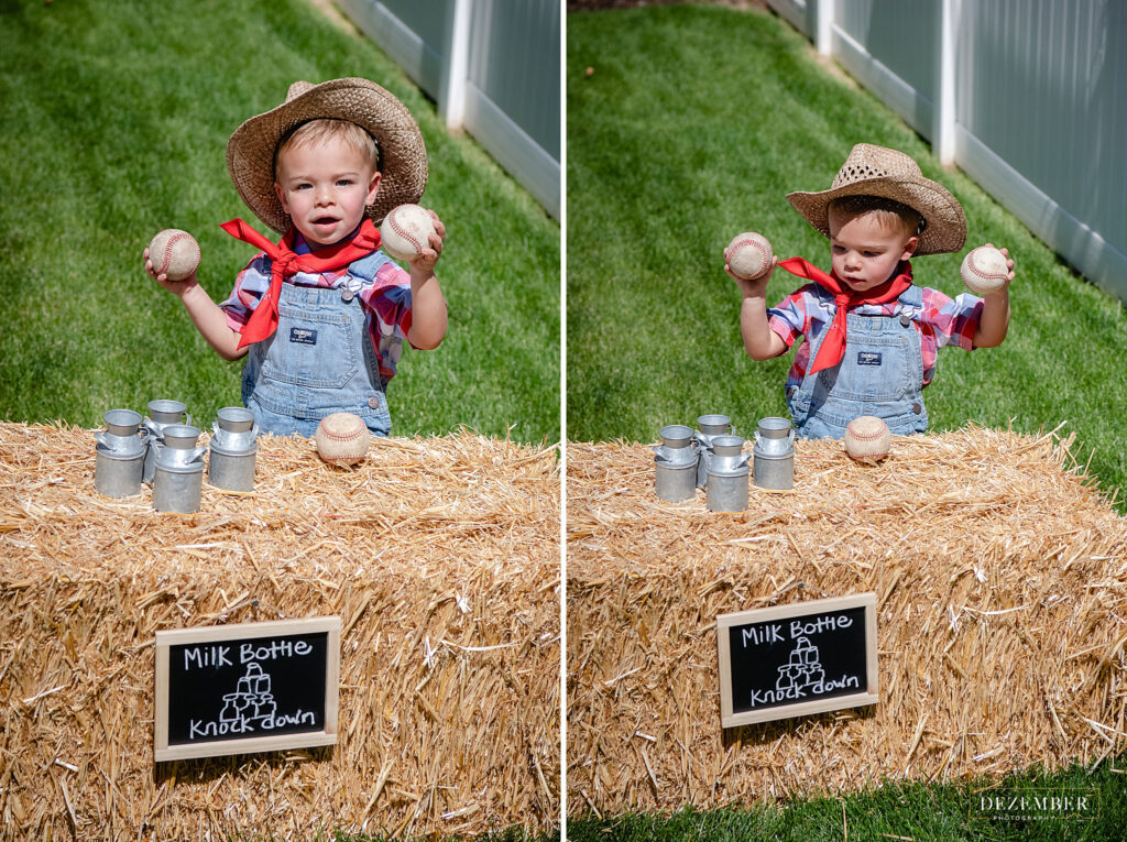 Boy plays milk bottle knock down game