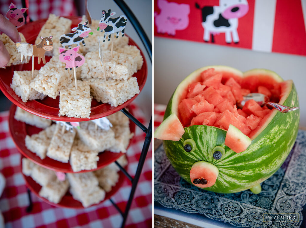 Rice krispy treats and pig shaped watermelon