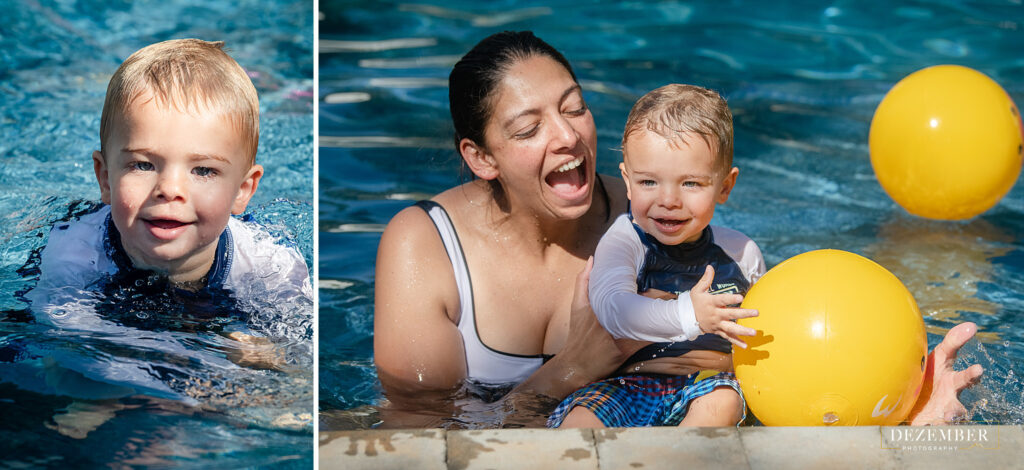 Boy swims with his mom in the pool