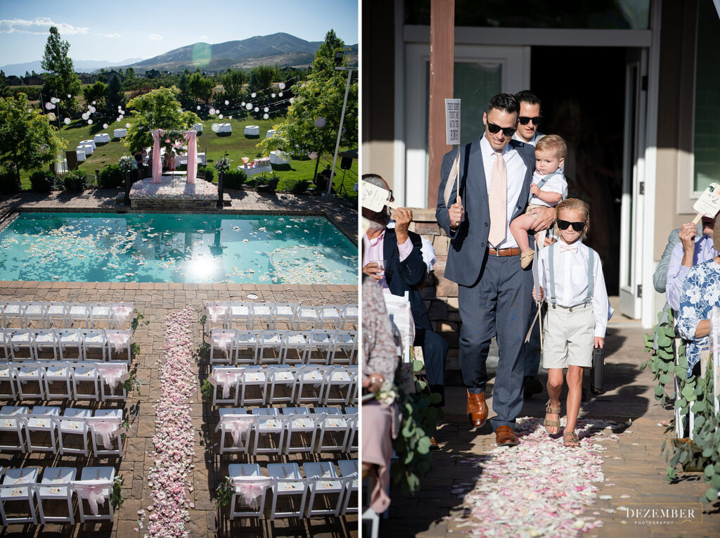 Elegant Backyard wedding ceremony across the pool with floating flowers