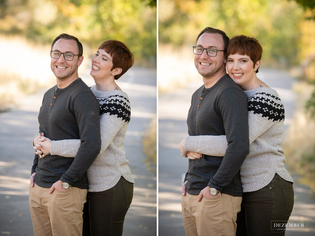 Woman hugs her fiance in park