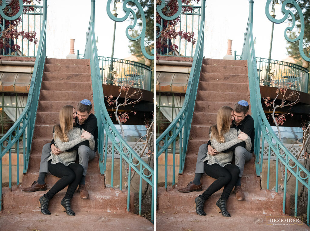 Couple sits on outdoor stairway at La Caille