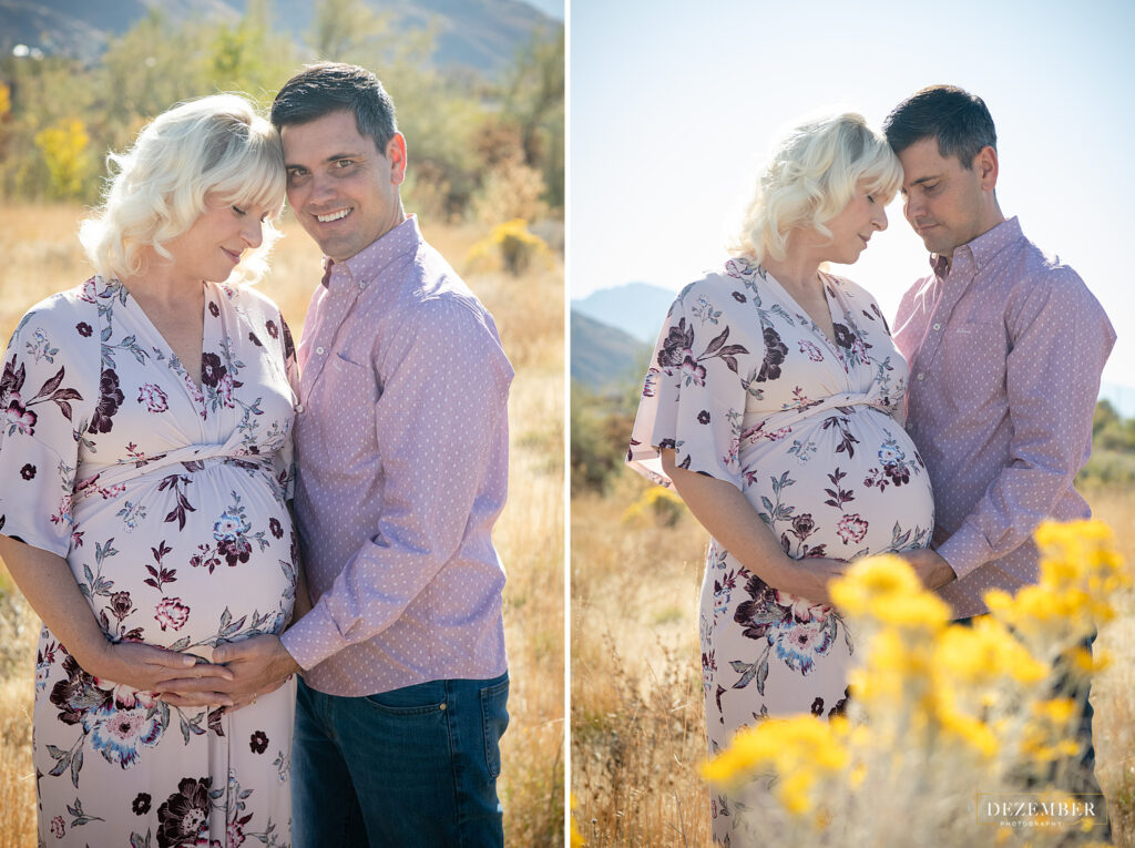 Couple maternity session in a field with yellow flowers