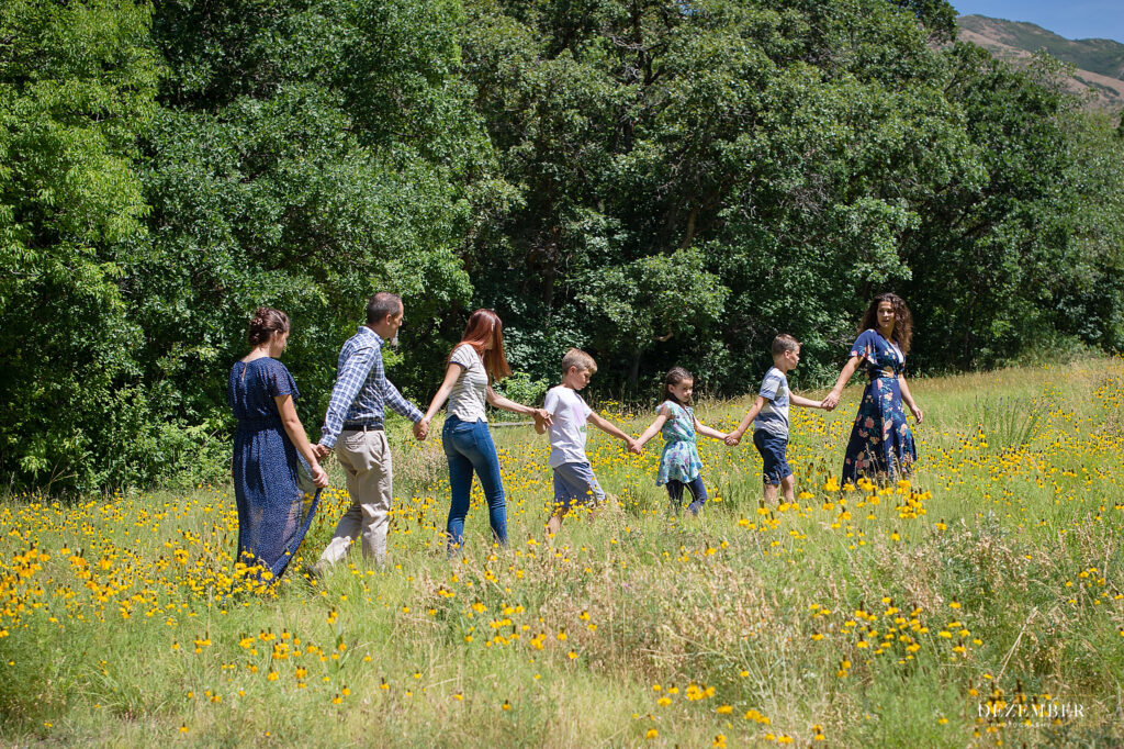 The whole family holding hands in a field with yellow flowers "The Sound of Music" style