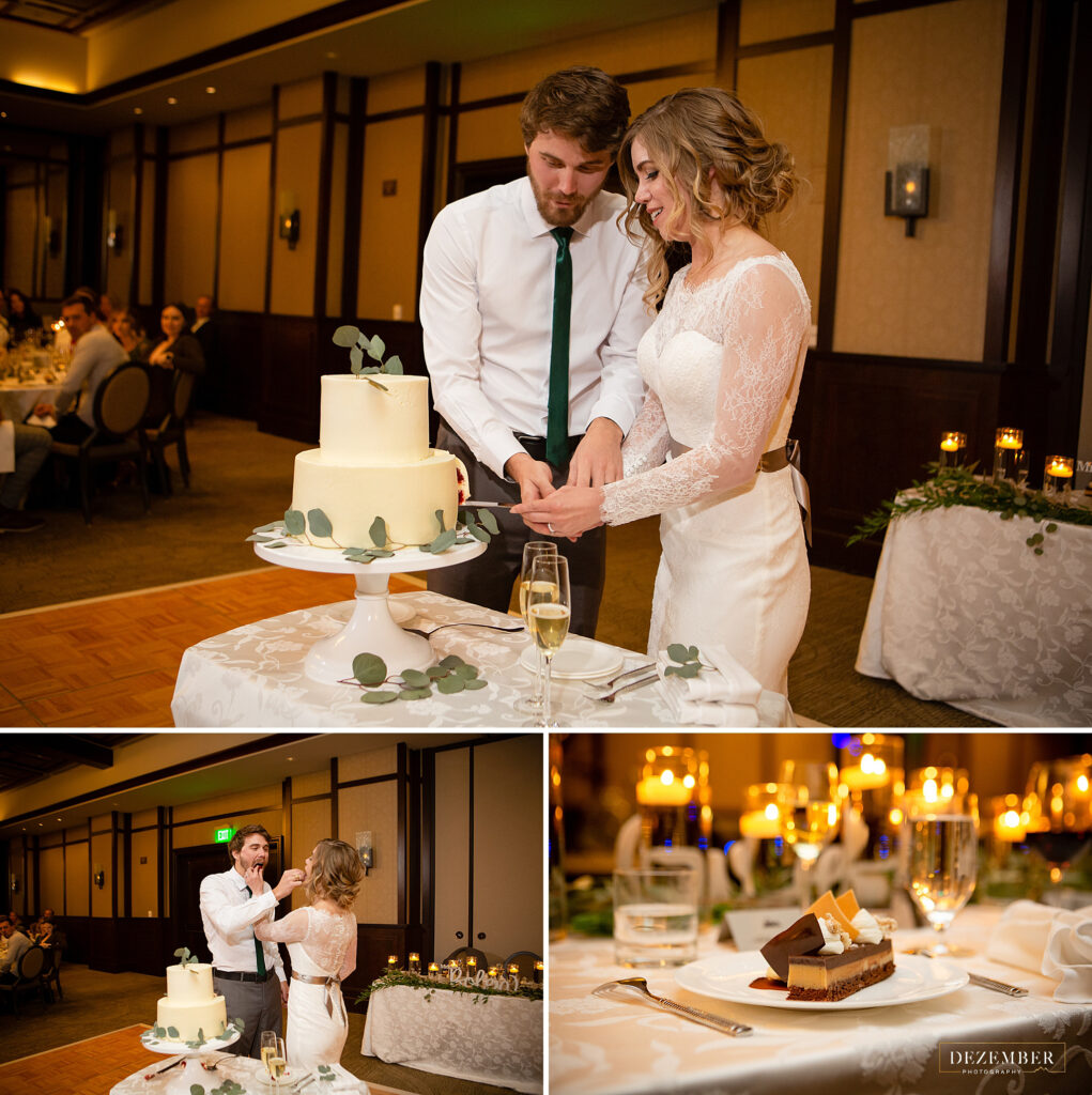 Montage Winter Wedding couple cutting the red velvet cake