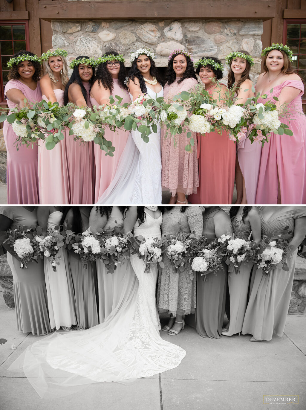 Bridemaids hold out bouquets