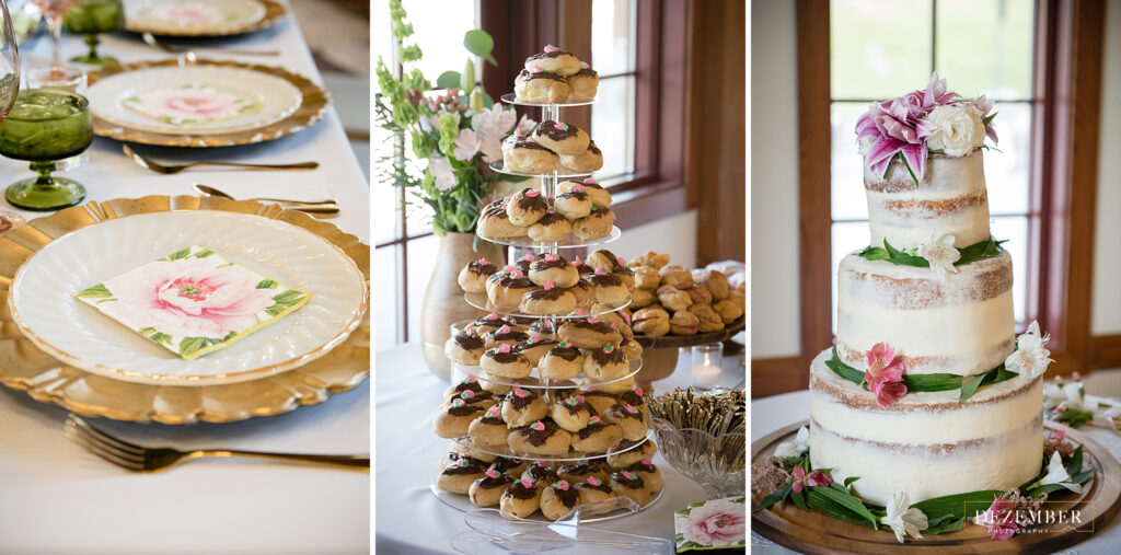 Wedding cake, treats and table setting