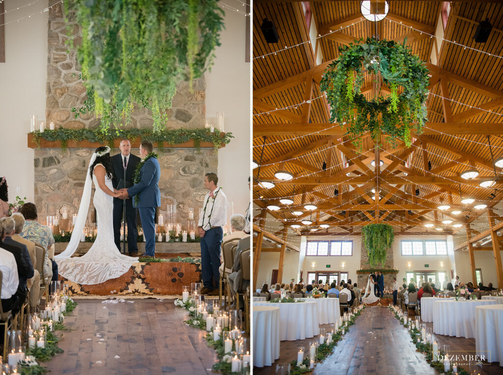 Wide shots of ceremony with greenery at This Is The Place