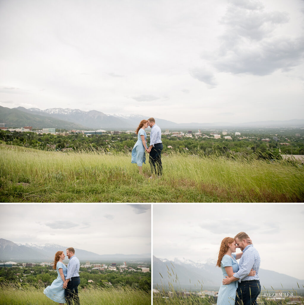 Couple in field overlooking Salt Lake City