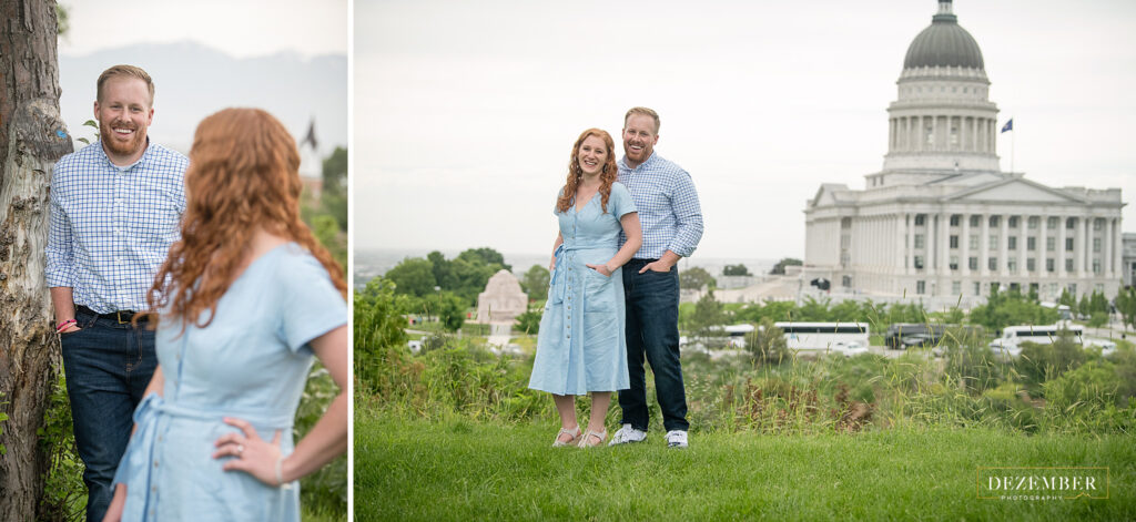 Couple poses for Utah Capitol engagements