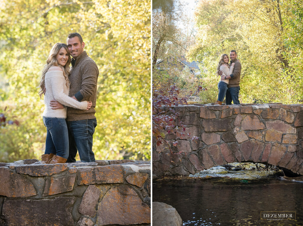 Couple poses on bridge over river