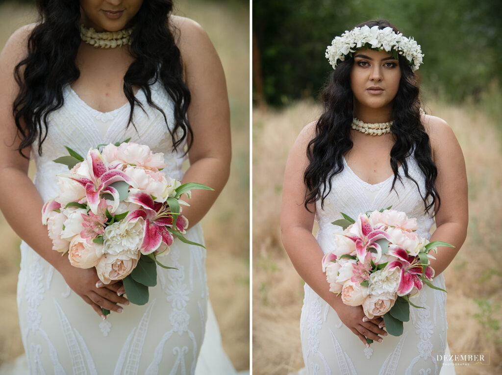 Bride holds bouquet of lilies and roses