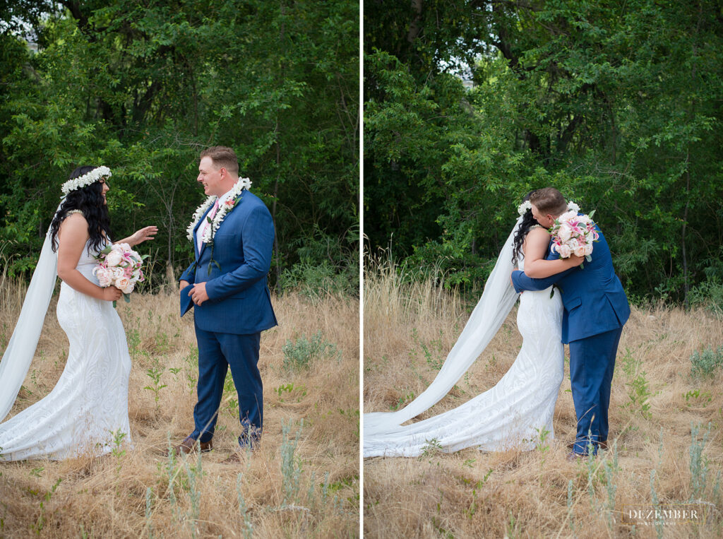 Couple does first look in field