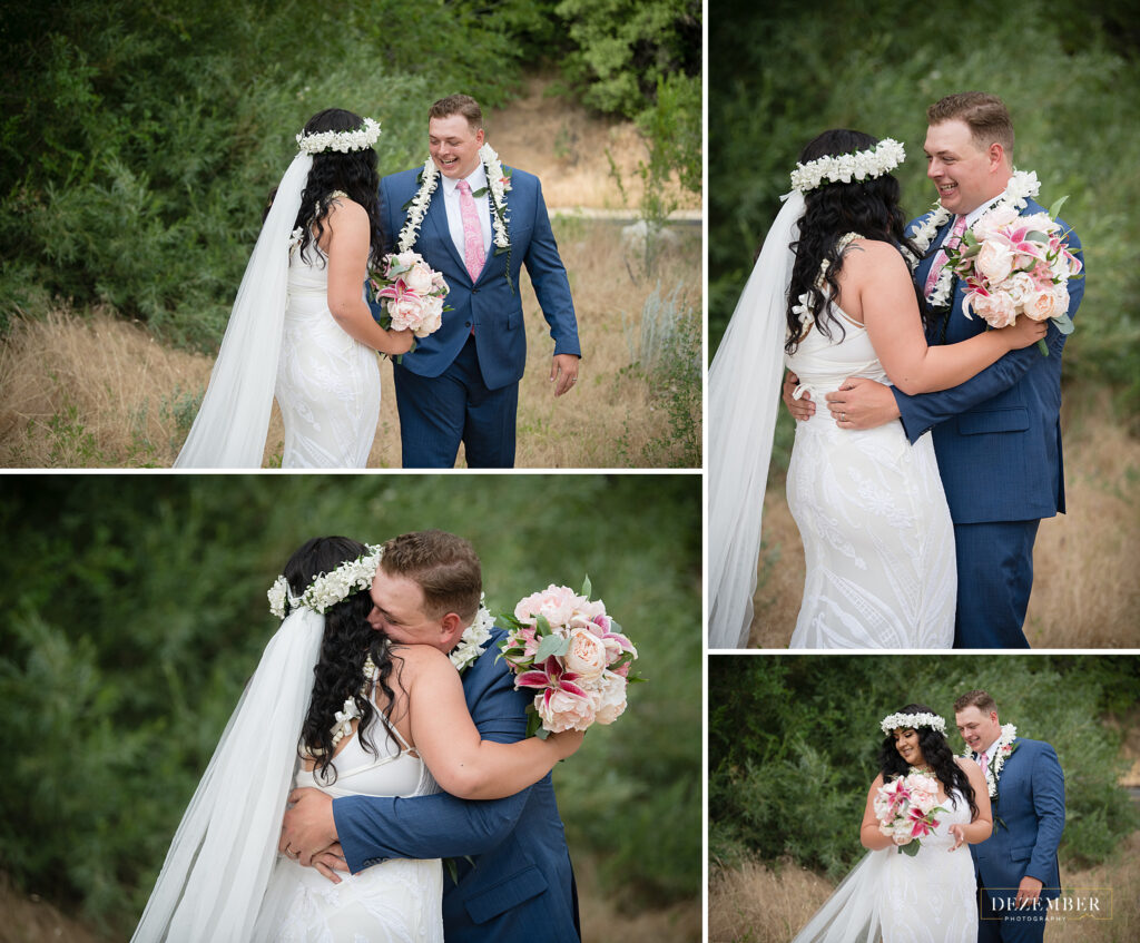 Groom sees bride for first look in field