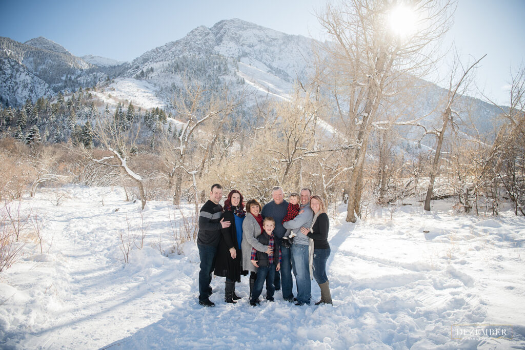 Large family portrait in the snowy winter