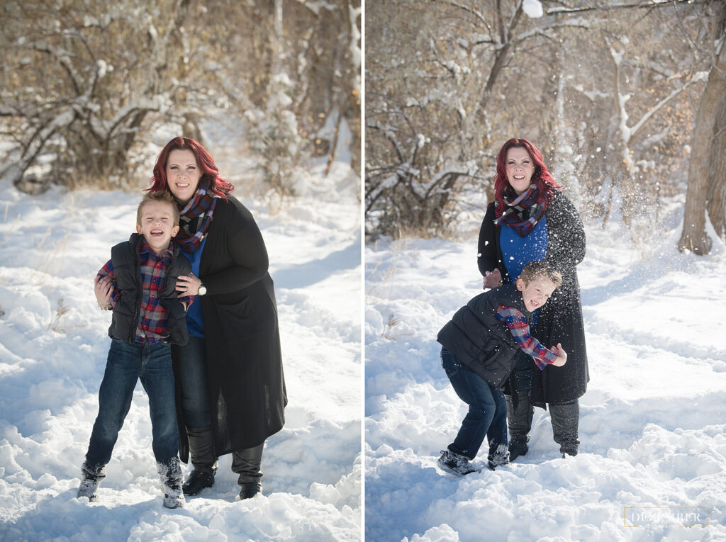 Family photography boy and his mom play in the snow