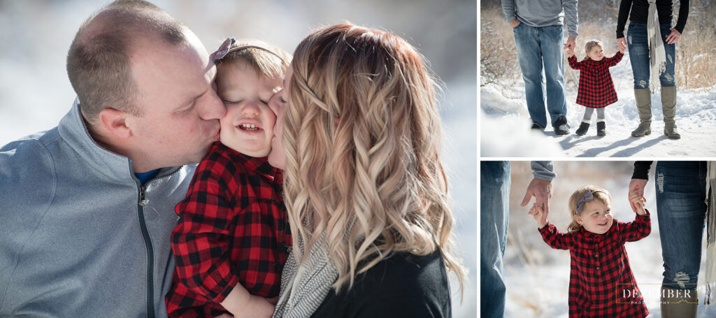 Mom and dad kiss baby girl