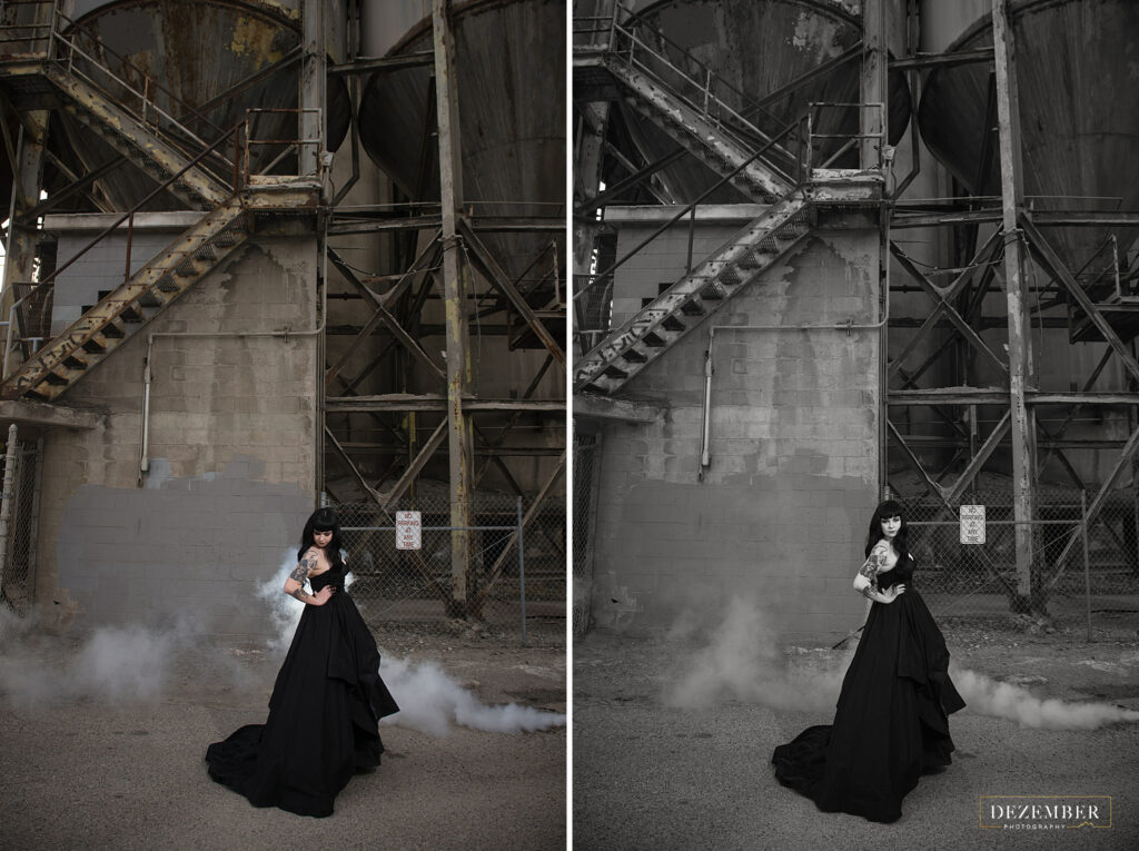 Bride in black dress in industrial scene