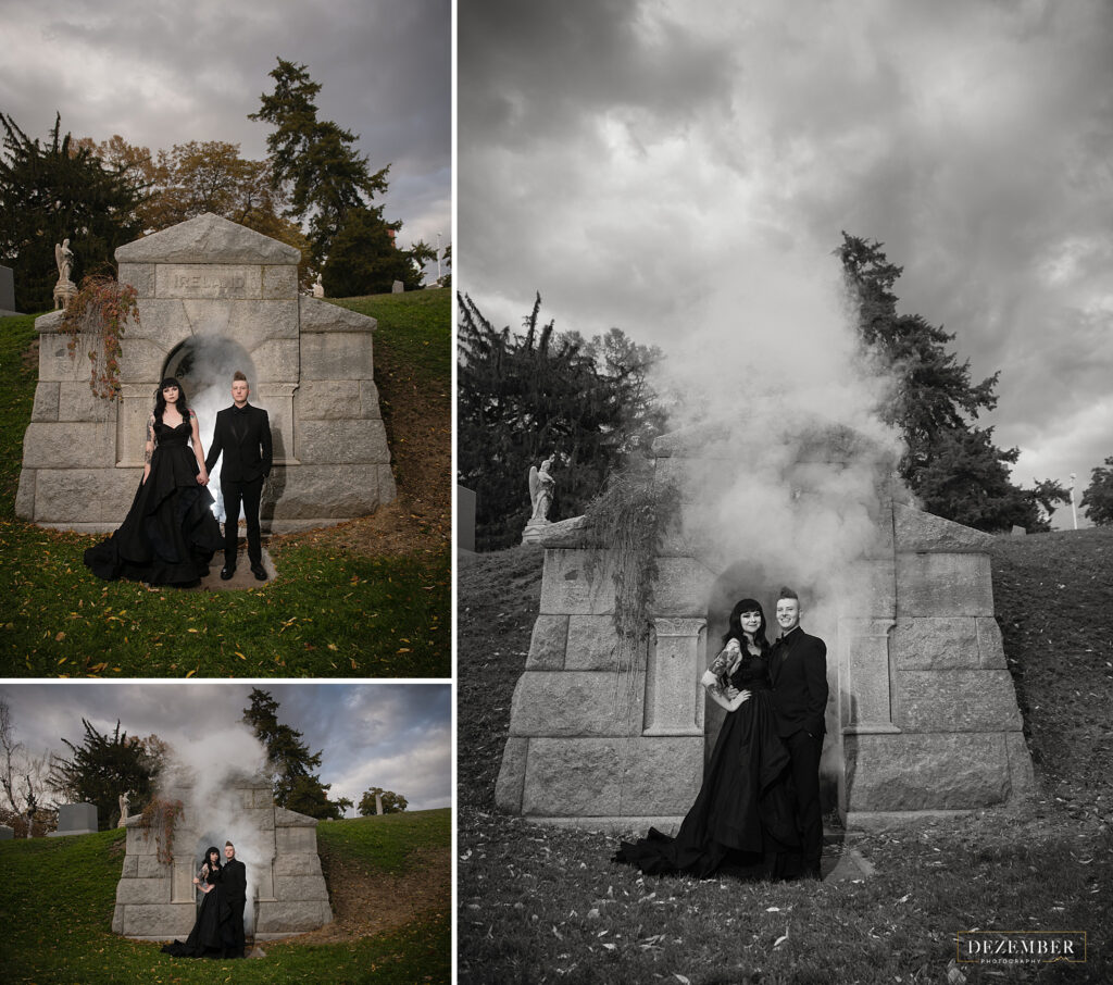 Goth couple in front of mausoleum