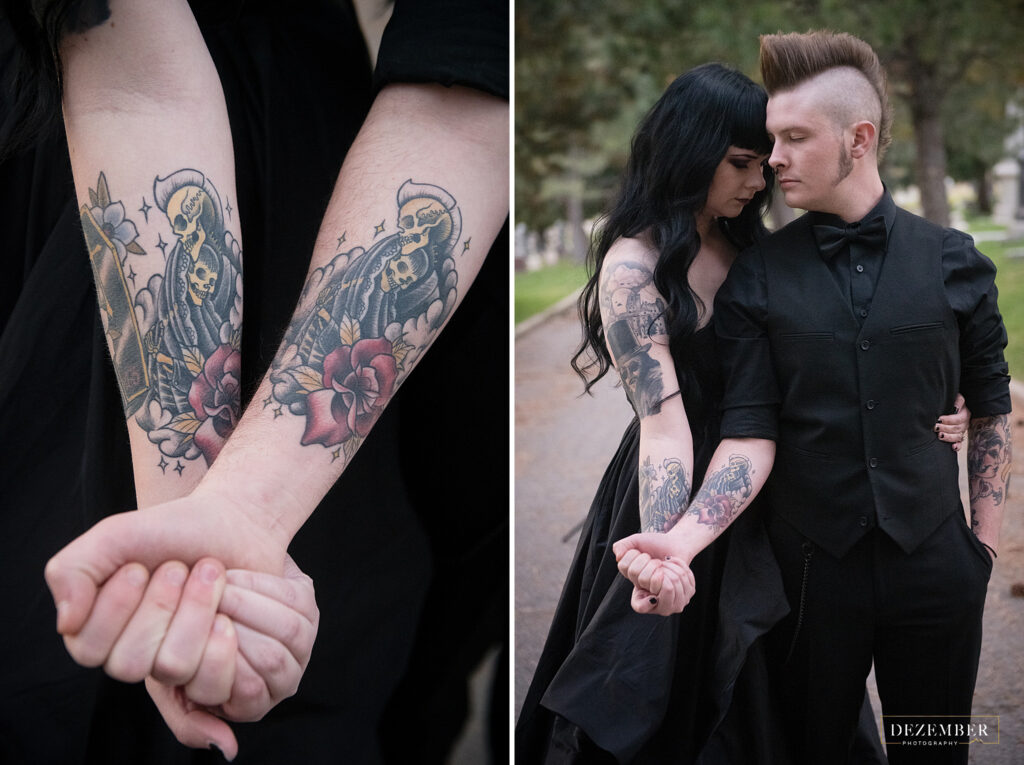 Goth bride and groom show off matching tattoos