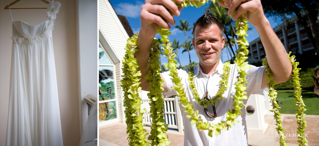 Groom puts flower lei on photographer