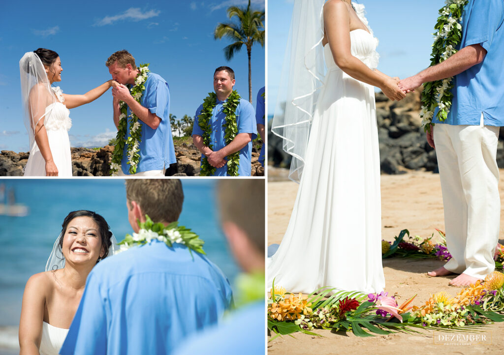 Bride and groom stand in flower ring on the beach