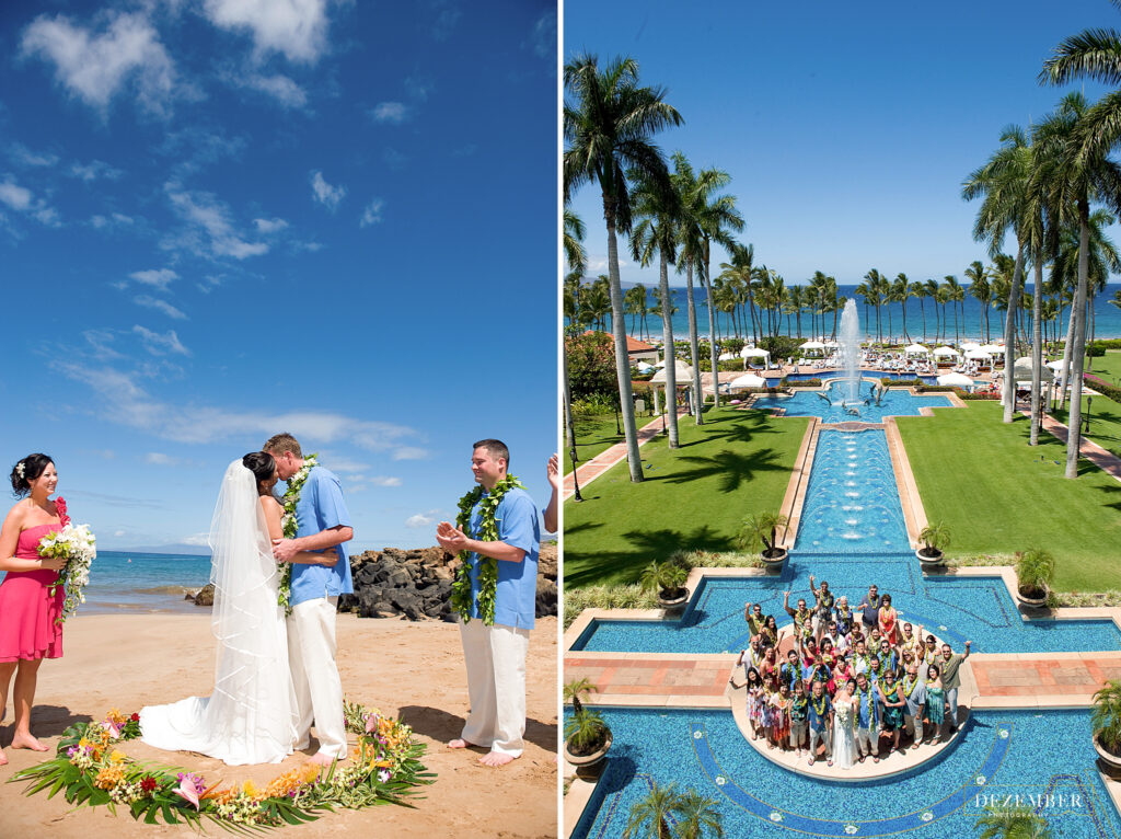 Maui Wedding couple kisses on the beach, family photo on the right by the pool