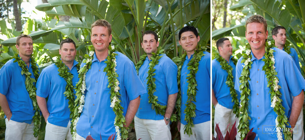 Groomsmen in front of tropical palm