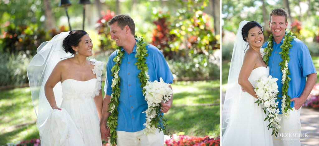 Couple poses in tropical garden