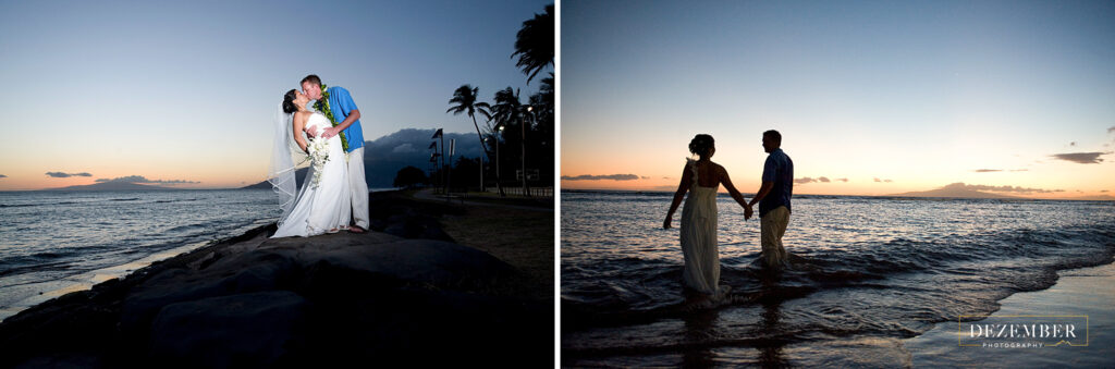 Bride and groom at sunset on Maui beach