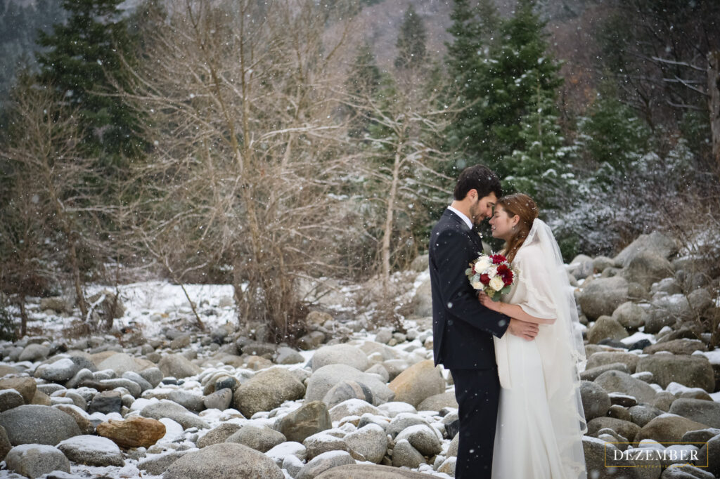 Bride and groom snowy intimate wedding