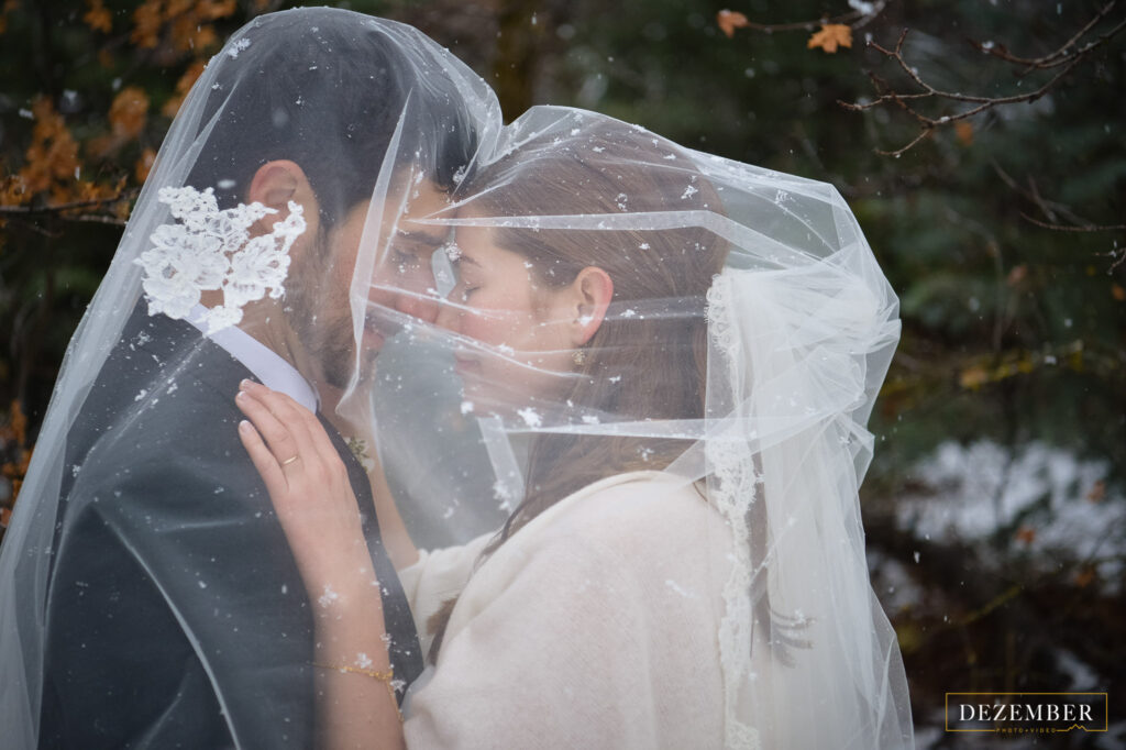 Bride and groom cuddle under veil