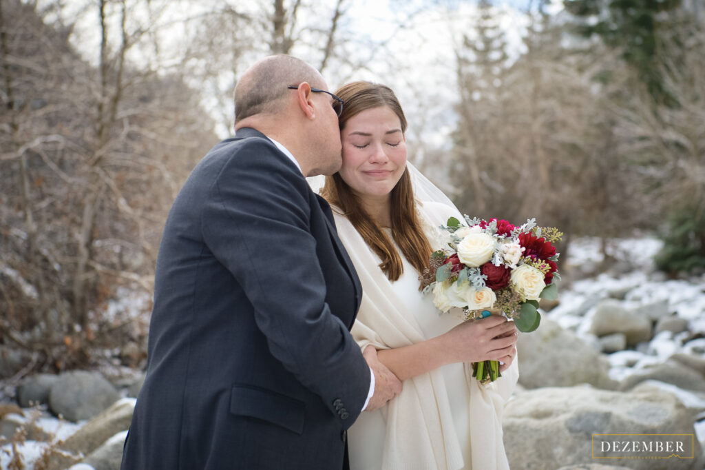 Father kisses crying bride