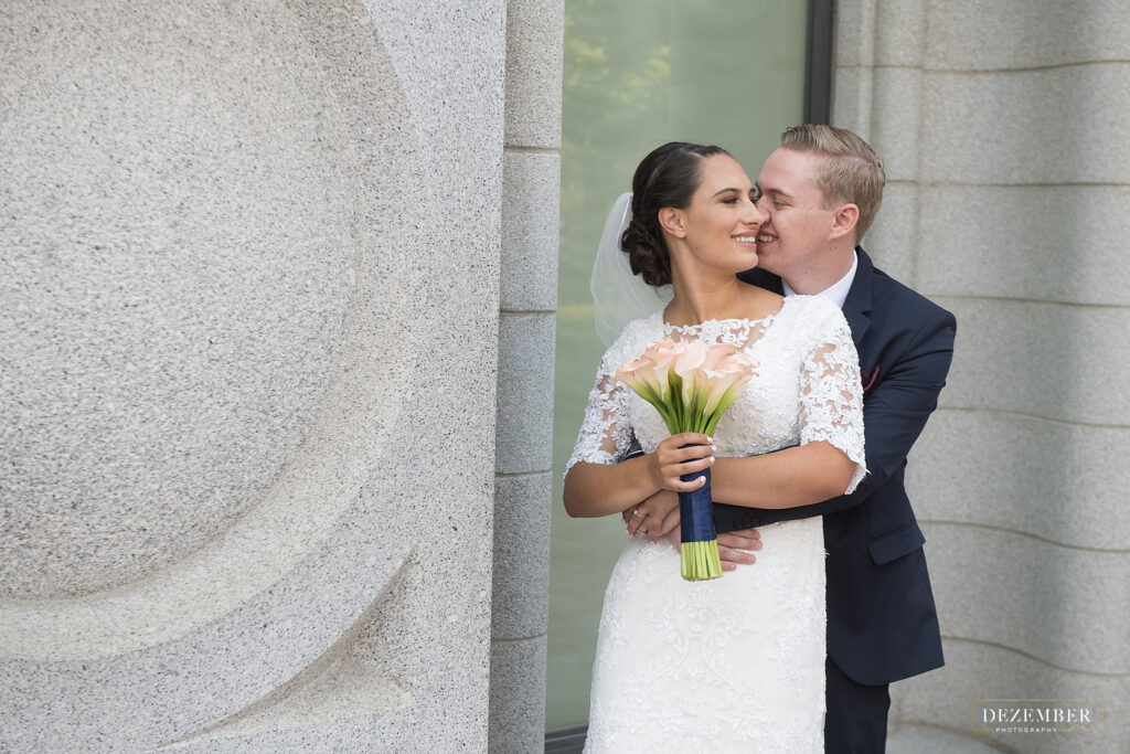 Bride and groom at LDS Salt Lake Temple