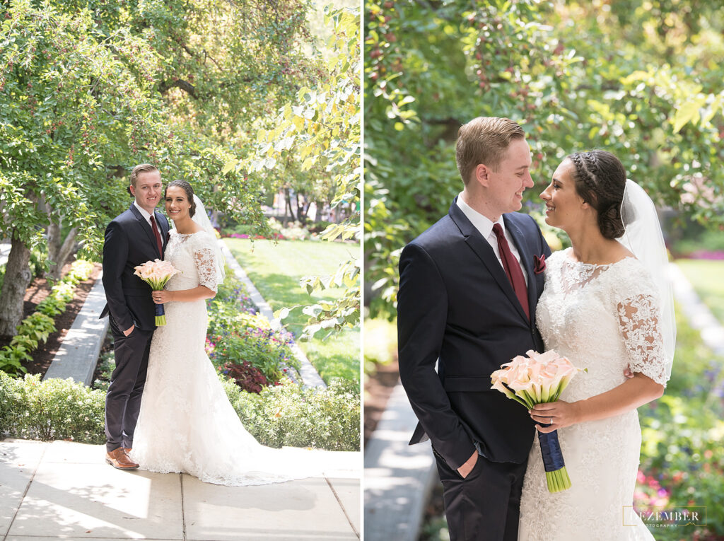 Bride and groom at Temple Square