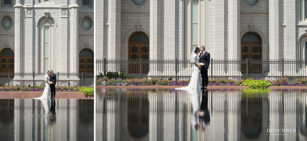 Newlyweds across the pond in front of the Salt Lake Temple