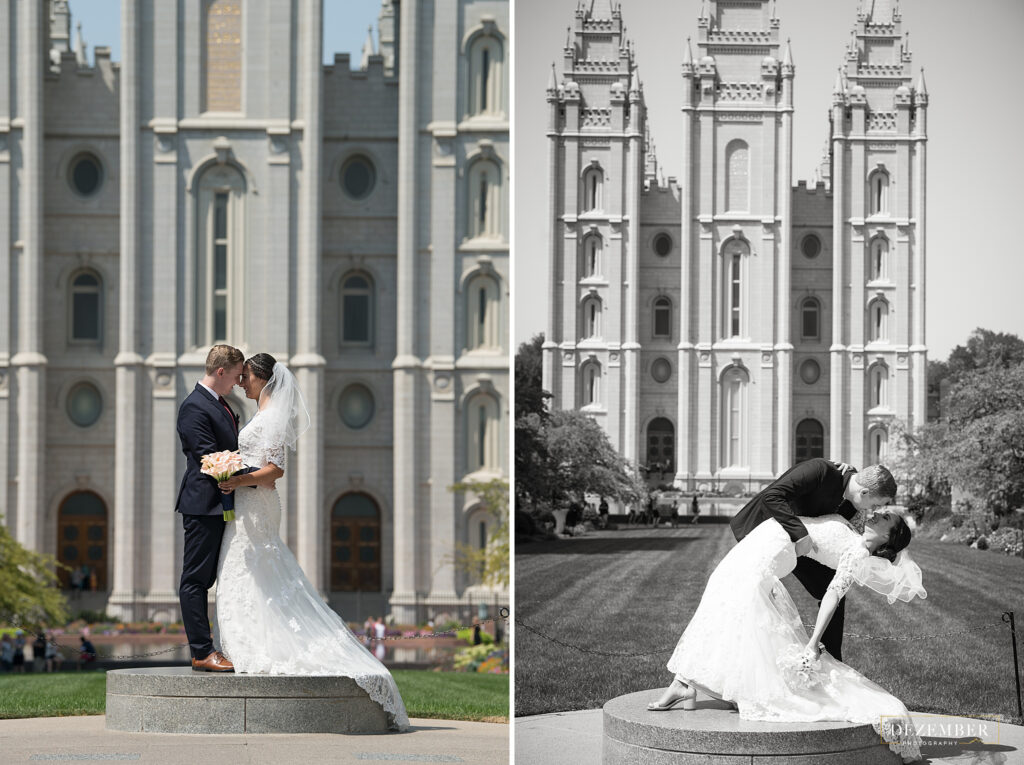 Bride and groom kiss at Salt Lake Temple