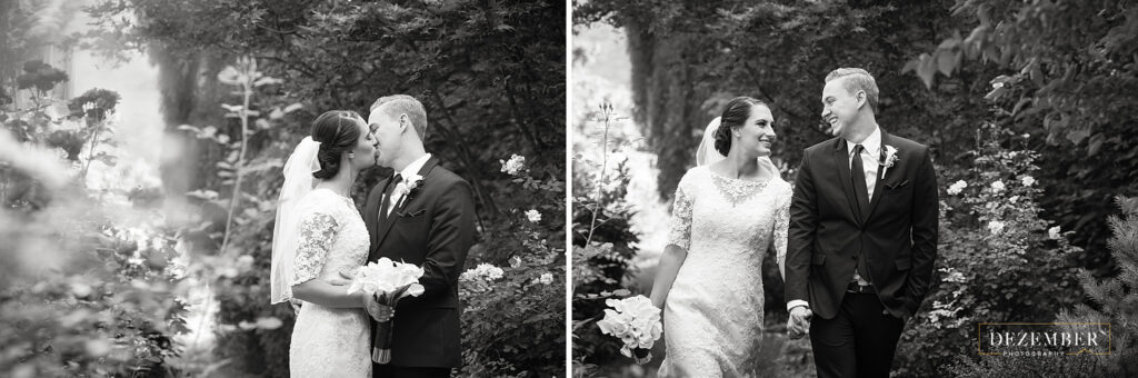 Black and whitw portraits of bride and groom in rose garden