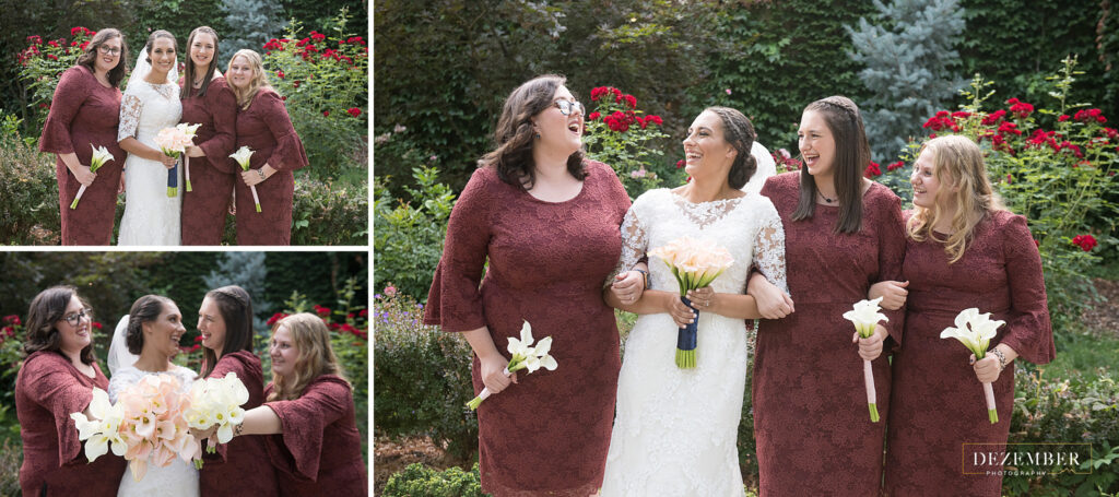 Bride and bridesmaids in burgundy dresses