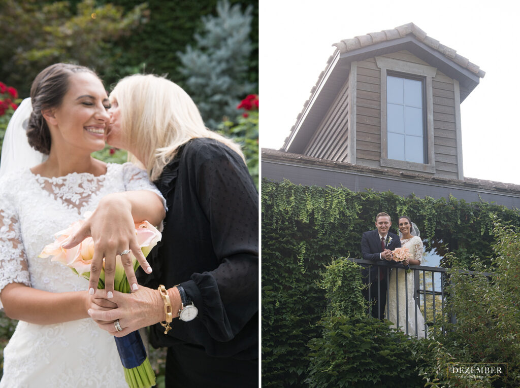 Daughter holds out her ring while mom kisses her cheek