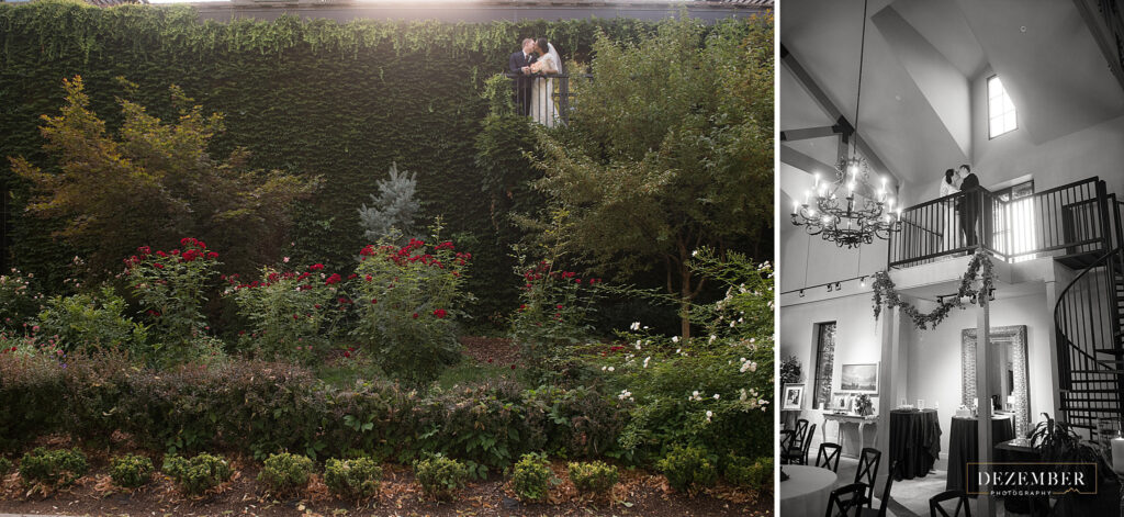 Couple stands on balcony Ivy house green wall