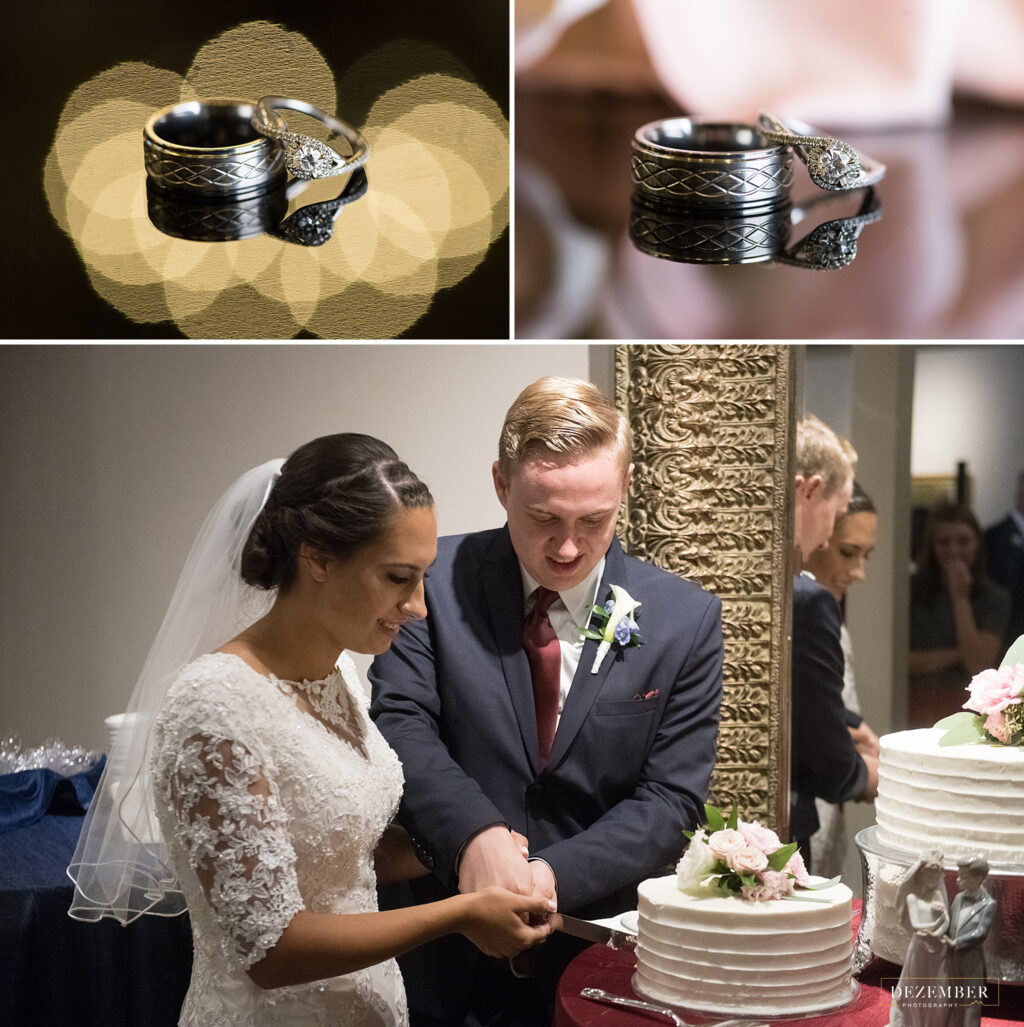 Bride and groom cake cutting and ring details