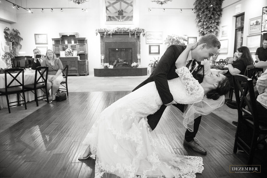Groom dips bride on the dance floor at Ivy House